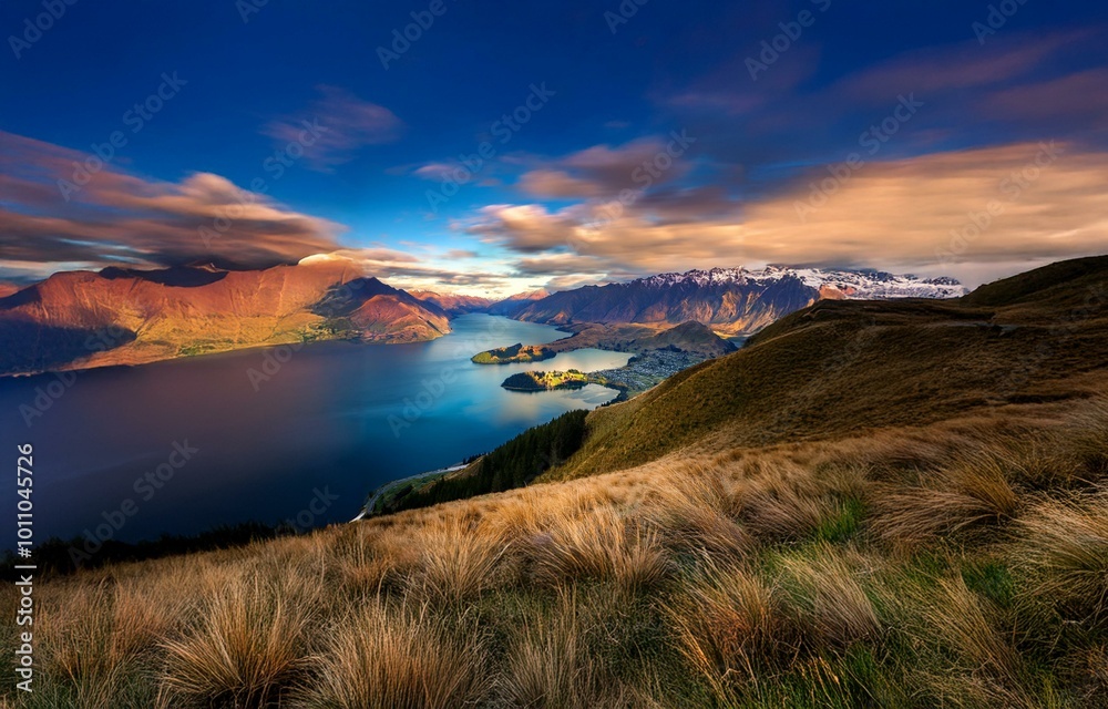 Poster a breathtaking view of a valley, with a vast lake surrounded by mountains. the sky is filled with dr
