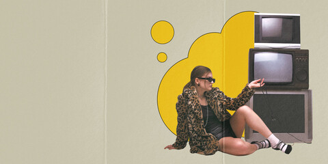 Woman with leopard print jacket, sitting coolly next to stacked vintage televisions. Bold fashion,...