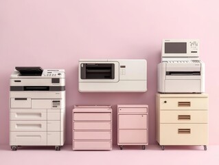 Stylish office equipment displayed against a pastel pink backdrop, showcasing modern design and functionality.