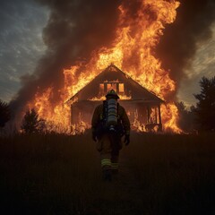 Fototapeta premium Heroic Firefighter Approaching House Engulfed in Flames, Ready to Fight the Fire