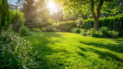 Obraz premium Beautiful garden with green grass and flowers in the sunlight at summer