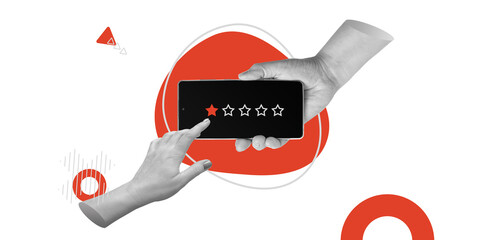 Dissatisfaction, feedback, online reviews, customer feedback, and user experience. Hands holding a...