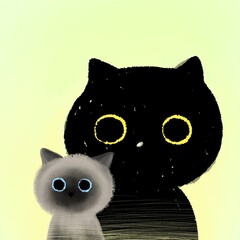 Black cat and blue point. The first cat, in the foreground, is a small gray cat with large, round blue eyes. The second cat, in the background, is larger and yellow eyes 