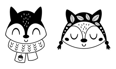 Fototapeta premium Fox face clipart. Cute black and white fox head clipart doodle. Autumn animal character. Hand drawn vector illustration in flat style