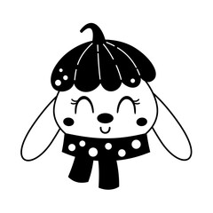 Cute rabbit face clipart. Black and white autumn woodland animal character doodle. Hand drawn vector illustration 
