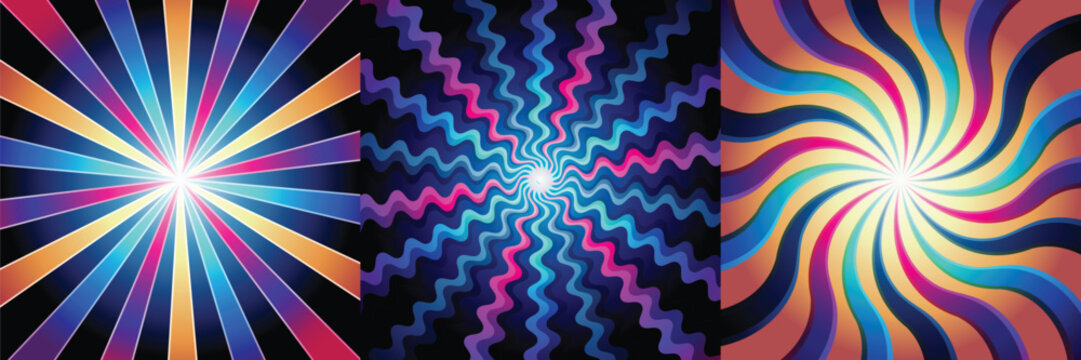 Vintage 2000s colorful twisted spiral retro burst background vector.  Waves, swirl, twirl pattern. Twisted and distorted vector texture in trendy retro psychedelic style