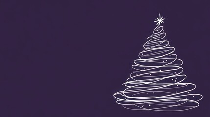 Aesthetic white Christmas tree made of with curved lines, purple background, copy space. Greeting card. Generative AI