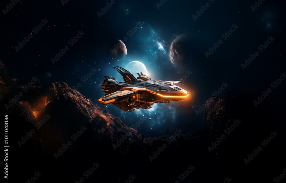 Poster a futuristic spaceship flies through a dark, starry expanse with a glowing orange light.