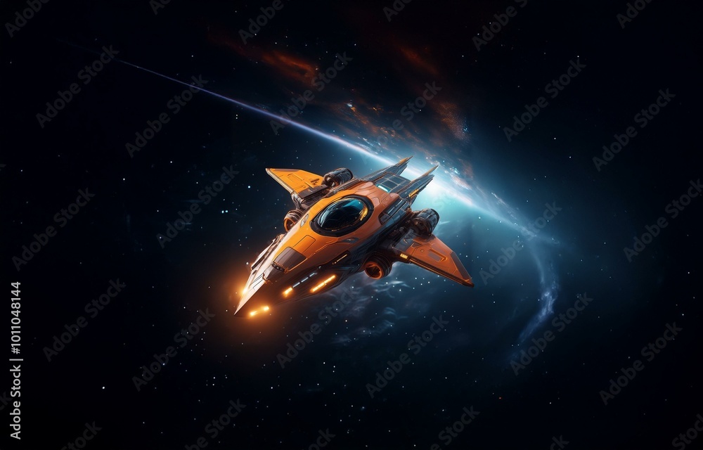 Poster a futuristic orange spaceship flies through the vast darkness of space, surrounded by twinkling star