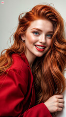 Fototapeta premium A Mesmerizing Gaze: Woman with red Bangs Holds Viewers Captive 