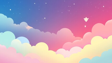 Pastel pink 3d rendered paper clouds and stars floating in a soft sky background, perfect for dreamy and whimsical designs, childlike