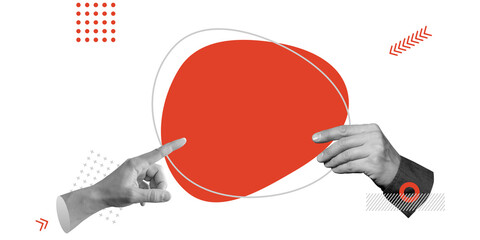 Demonstration, presentation, selection. Hand holding red empty speech bubble. Minimalist art collage