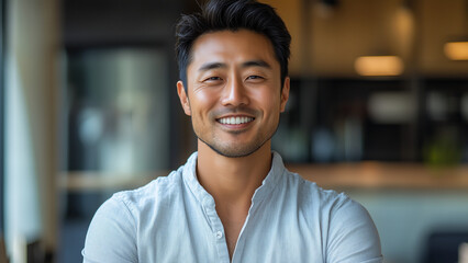 Obraz premium Asian Man Architect - man, portrait, smile, casual, indoors, office, confident, professional, happy, casual shirt, modern, workspace, business, entrepreneur