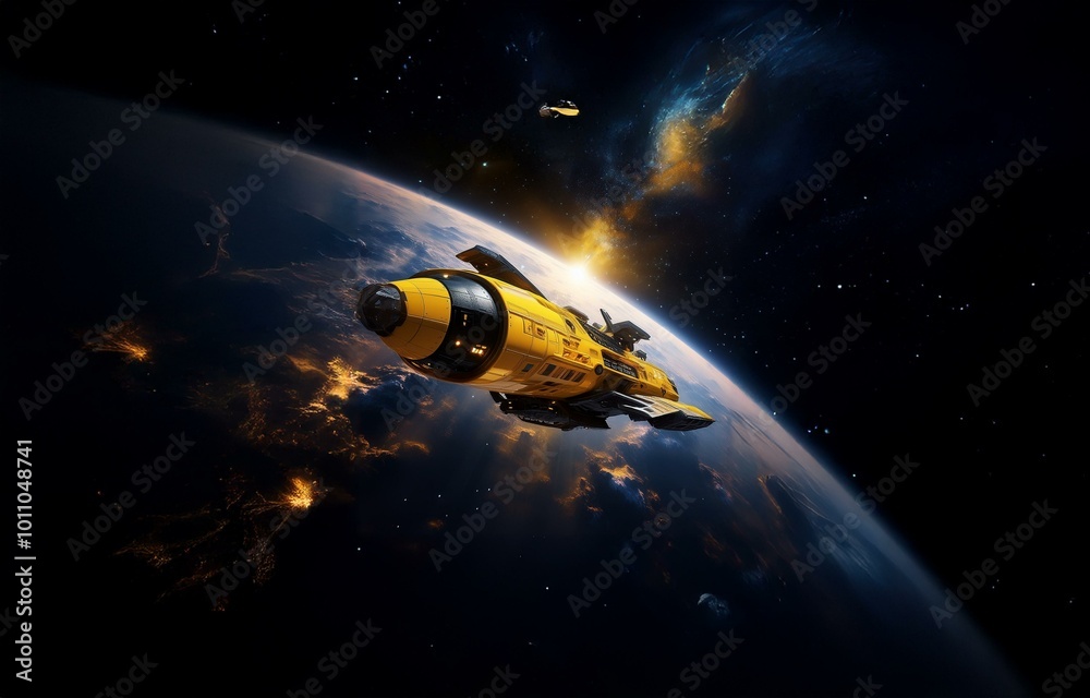 Poster A yellow spaceship orbits a planet with a nebula in the background.