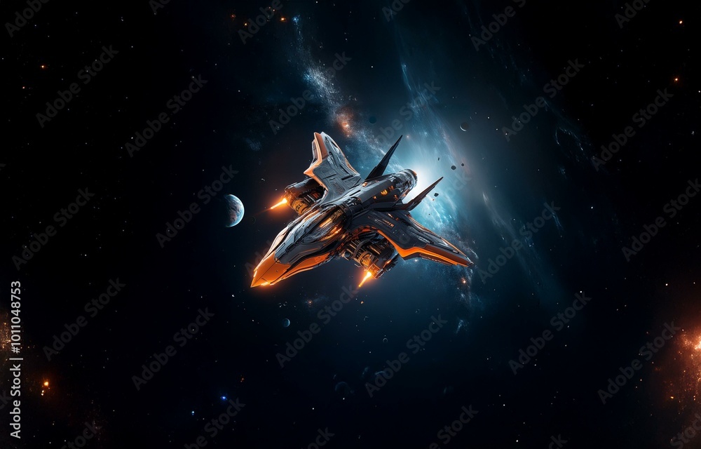 Poster a futuristic spaceship flies through space, leaving a trail of fire and passing a distant planet.
