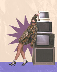 Stylish woman in leopard print coat, leaning against stack of retro TVs. Bold 90s look, blending...