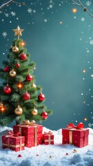 Christmas tree decorated with red and gold baubles standing in snow with gifts