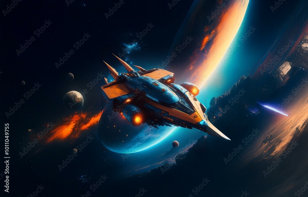 Poster A spaceship flies through a vast expanse of space, passing by a large planet with an orange and blue atmosphere and multiple smaller planets.