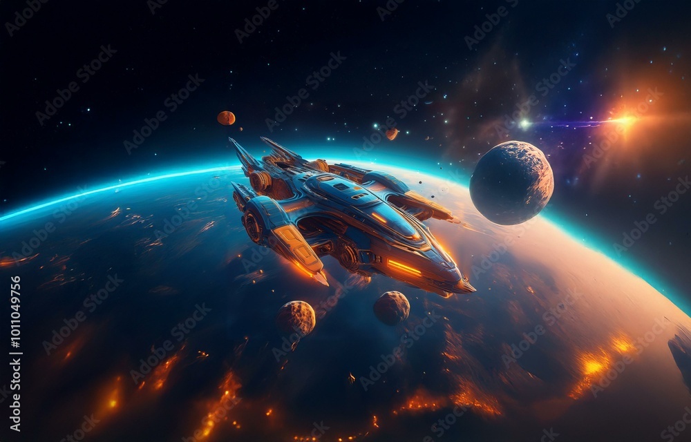 Poster a futuristic spaceship flies past a planet with a blue atmosphere and orange clouds.