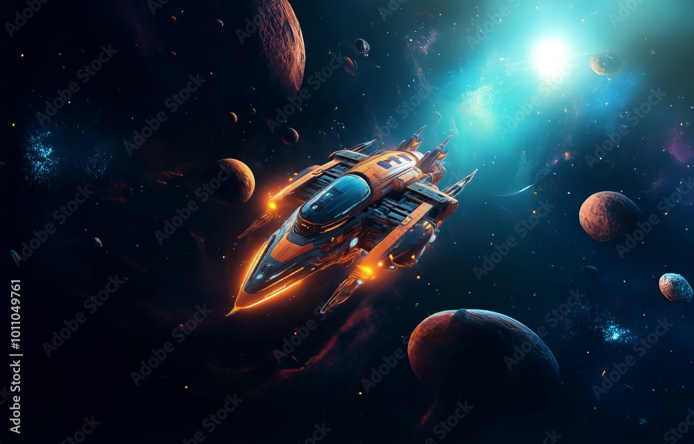 Poster a futuristic orange and black spaceship flies through space. the ship is surrounded by planets and s