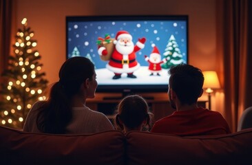Family watching christmas movie on tv at home