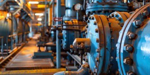 A close-up of the machinery inside a power plant, with pipes, valves, and industrial equipment