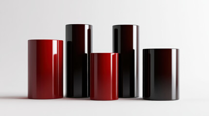 Obraz premium Cylinders podiums of red, brown and black colours, clean background. Industrial or product template. Generative AI
