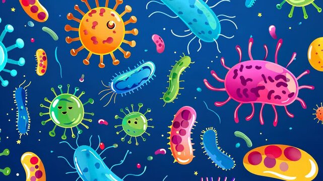 A bright colorful various bacteria and viruses. A diversity of microorganisms in cartoon form on a blue background.