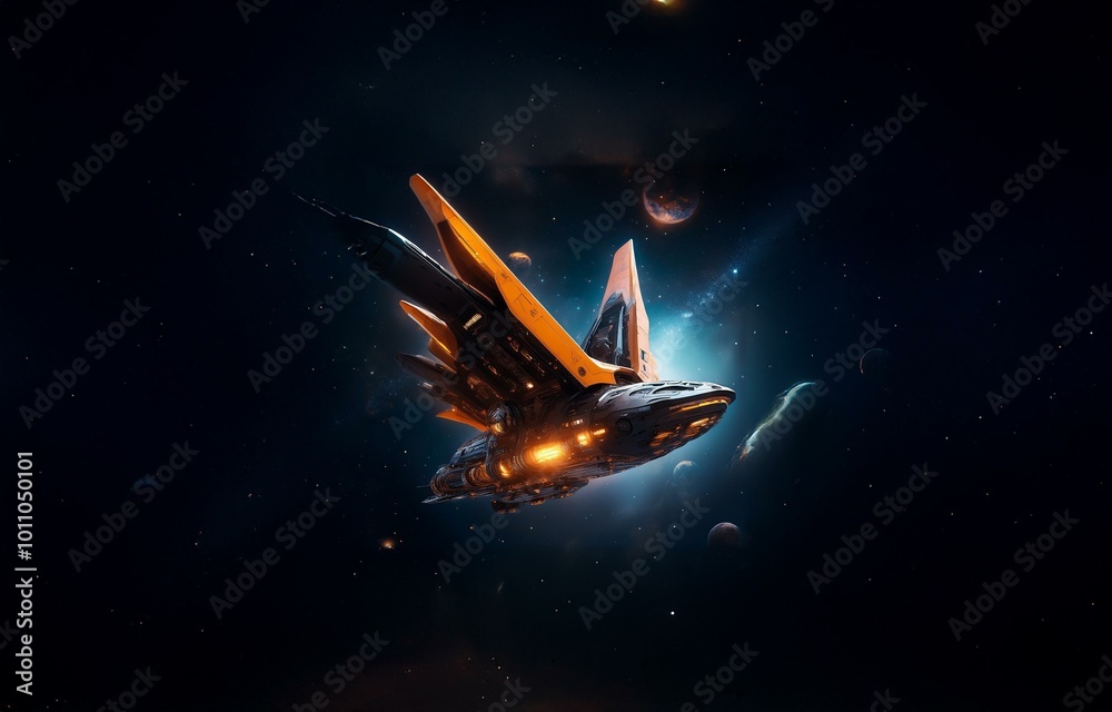 Poster A futuristic spaceship with glowing orange details flies through a dark space with twinkling stars and planets.
