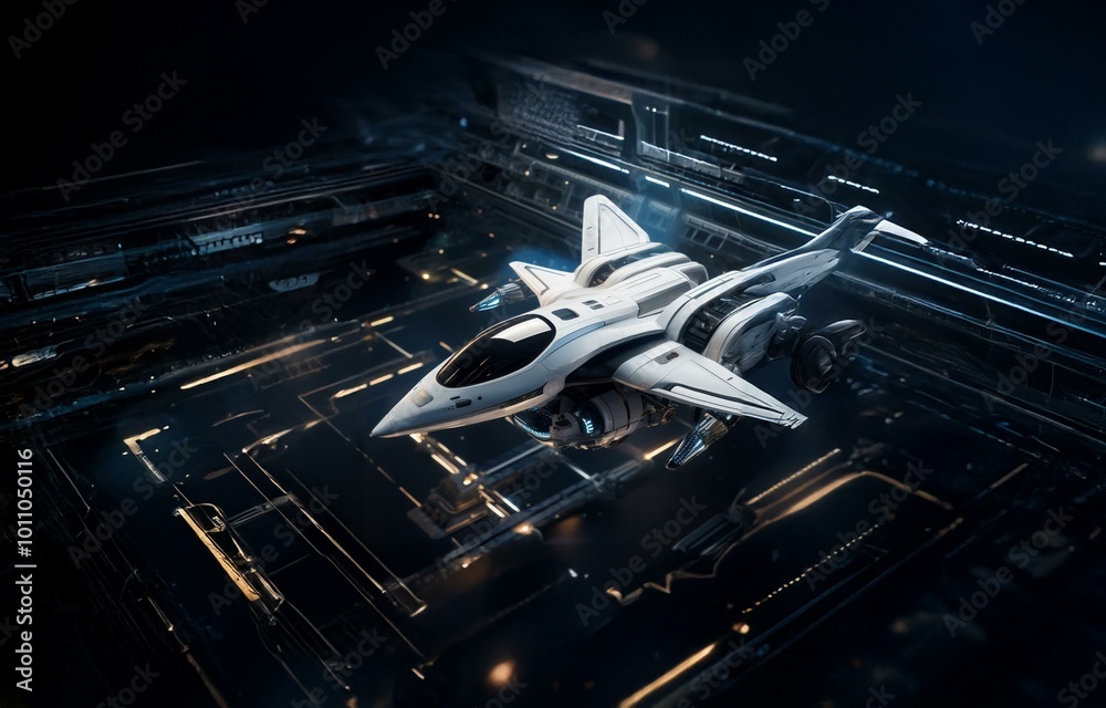 Poster a futuristic white spaceship hovers over a dark, grid-like surface with glowing lights.