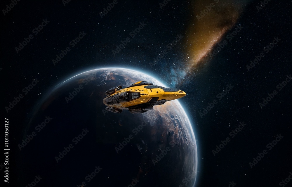 Poster a yellow spaceship orbits a blue and green planet, with a streak of light behind it.