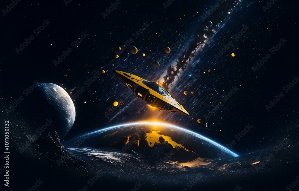 Poster A yellow spaceship soars past a planet as it passes through an asteroid field.