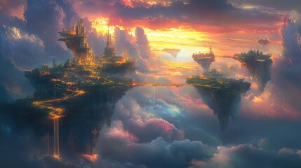 Fototapeta premium A surreal landscape with floating islands connected by glowing bridges, surrounded by a sea of clouds and colorful skies.