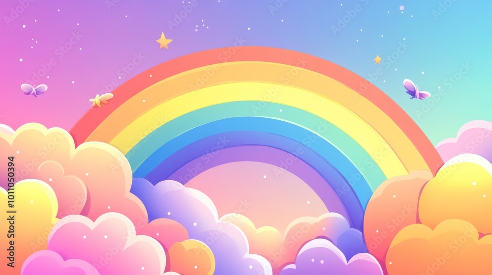 Wall mural abstract kawaii colorful sky rainbow background with soft gradient pastel shades, playful comic grap