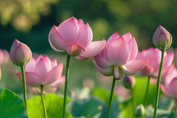 Obraz premium Beautiful blossoming lotuses on a gently blurred background. Beautiful background of flowers. Advertising banner.