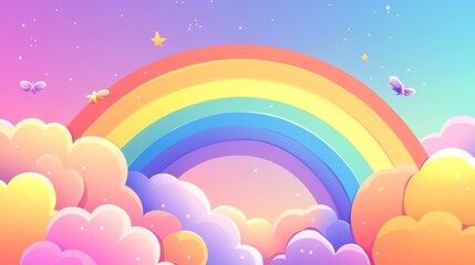 Abstract kawaii colorful sky rainbow background with soft gradient pastel shades, playful comic graphic style, perfect for wedding card designs, digital presentations, and whimsical themed decor eleme