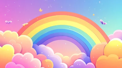 Wanddecoratie Regenboog Abstract kawaii colorful sky rainbow background with soft gradient pastel shades, playful comic graphic style, perfect for wedding card designs, digital presentations, and whimsical themed decor eleme  © Ashi