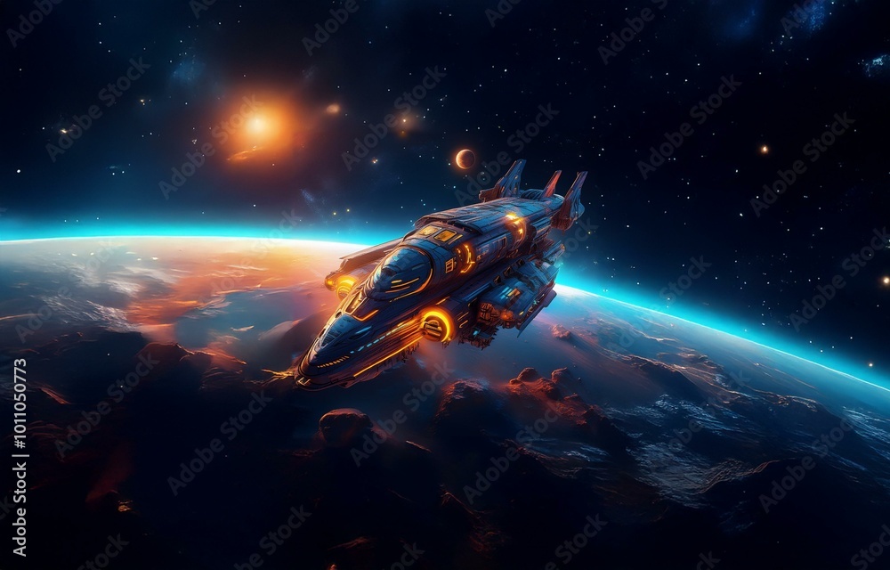 Poster a spaceship flies through the cosmos, passing a planet with a vibrant blue atmosphere and a reddish 