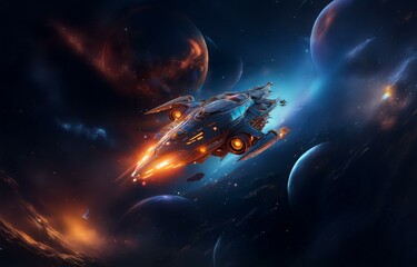 A futuristic spaceship with glowing lights soars past multiple planets and asteroids in a dark, starry sky.