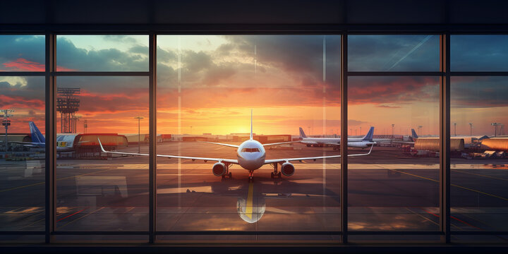 A view on airplane standing in the airport from the terminal window.