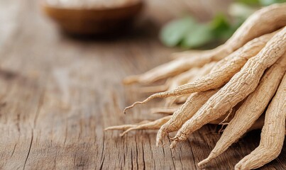 Freshly Harvested Ginseng Roots Displayed on a Wooden Table With a Bowl of Rice in the Background