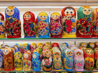 Rangées de poupées russes matriochkas traditionnelles de différentes tailles, de couleurs et de décorations variées. Concepts de voyage, de tourisme et de traditions en Russie