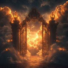 Glowing Gates of Heaven in Dreamlike Fantasy Landscape with Golden Light