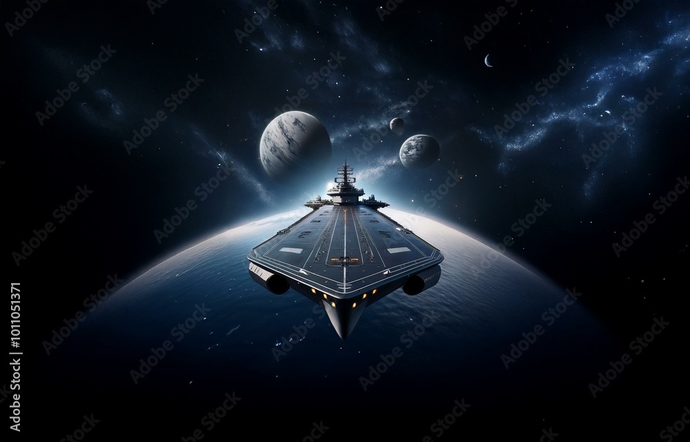 Poster a spaceship flies over a planet's horizon with stars and planets in the background.