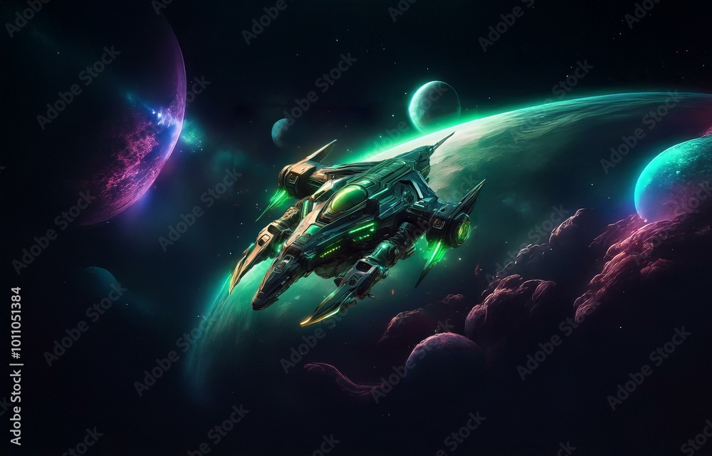 Poster a futuristic spaceship flies past planets and asteroids in a dark space.