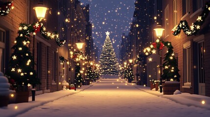 Snow covered street in Siegen with festive decorations twinkling Christmas tree in the distance, quiet winter street, snowy Christmas night, snowy street