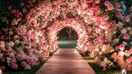 Fototapeta premium A luxurious rose tunnel archway with blooms in pink and ivory, forming a beautiful wedding path under soft lighting, evoking elegance and romance