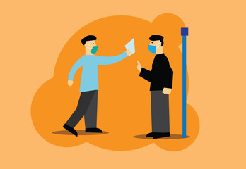 A tourist presenting a vaccination card to enter or a person showing his immigration papers or permit at an officer. Editable Clip Art.