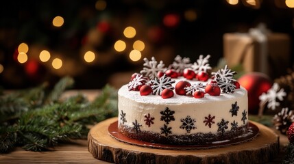 Christmas cake displayed on a wooden table with festive background holiday cake presentation, cozy winter scene, cake display, festive Christmas cake