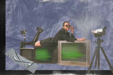 Stylish woman lounging on retro TVs, ready to film with vintage camcorder. Spirit of 90s media...